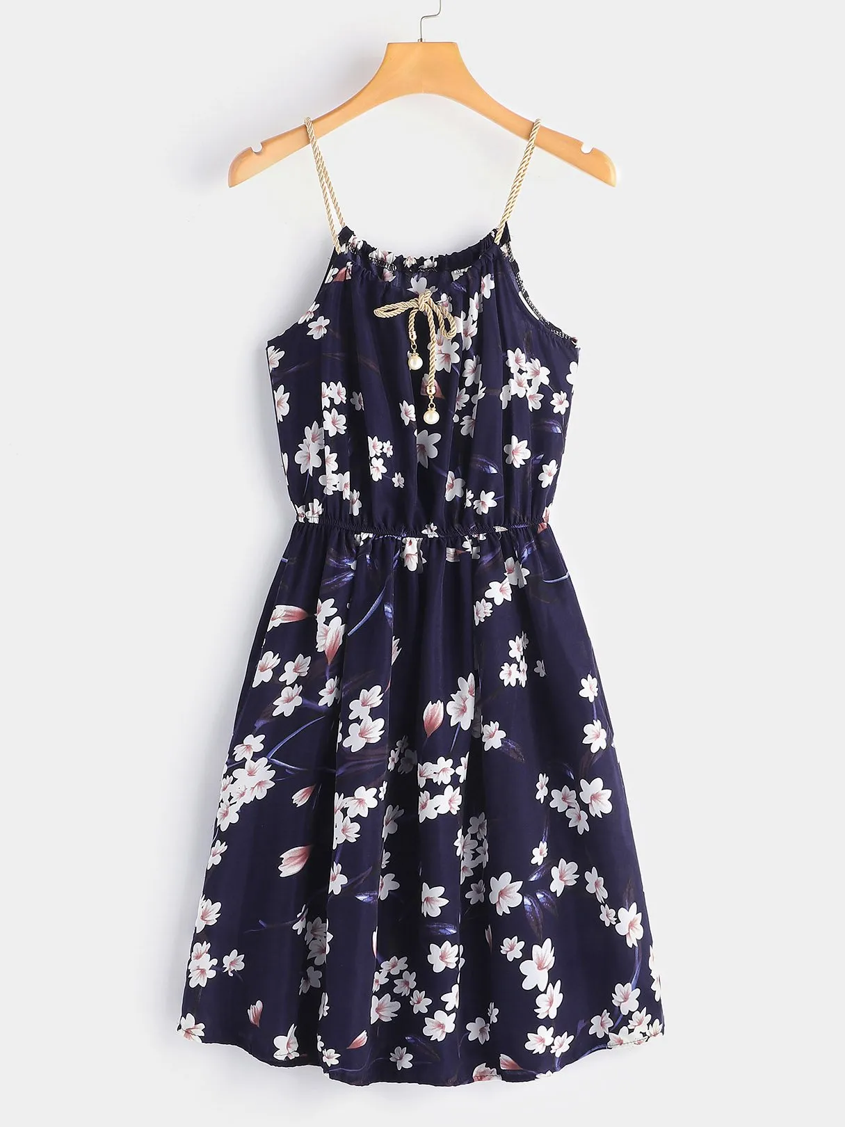 Wholesale Navy Round Neck Sleeveless Floral Print Lace-Up Spaghetti Strap Dresses