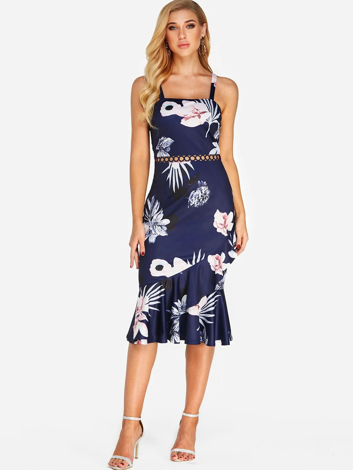 Wholesale Navy Sleeveless Floral Print Hollow Dresses