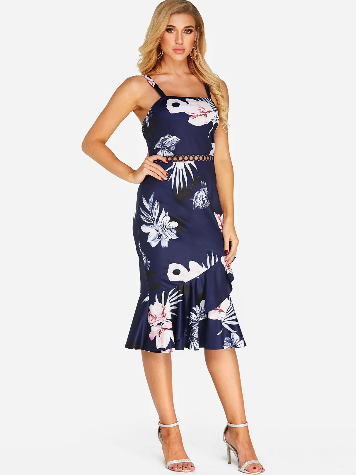 Wholesale Navy Sleeveless Floral Print Hollow Dresses