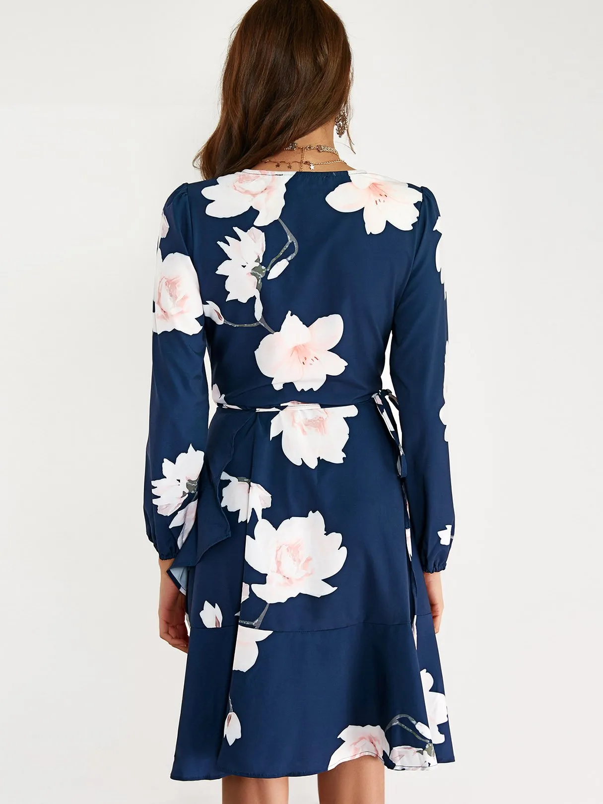 Wholesale Navy V-Neck Long Sleeve Floral Print Lace-Up Wrap Flounced Hem Dresses