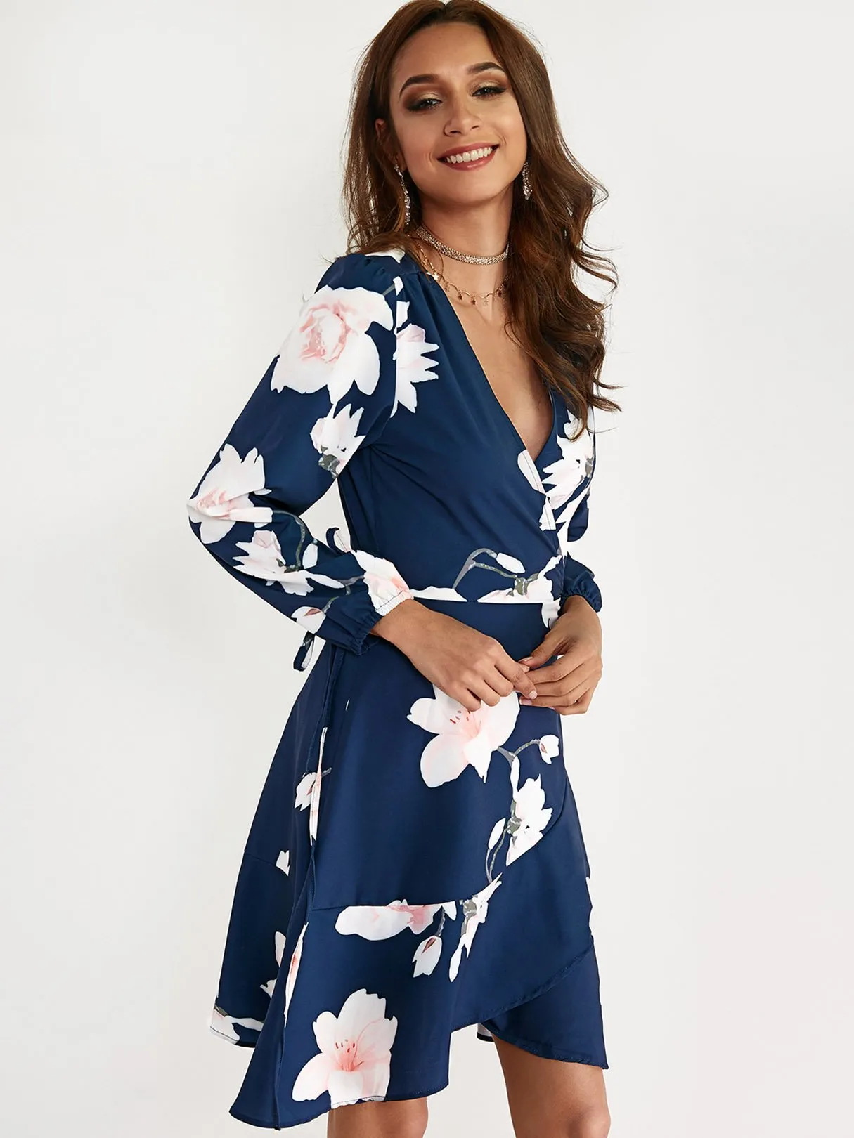 Wholesale Navy V-Neck Long Sleeve Floral Print Lace-Up Wrap Flounced Hem Dresses