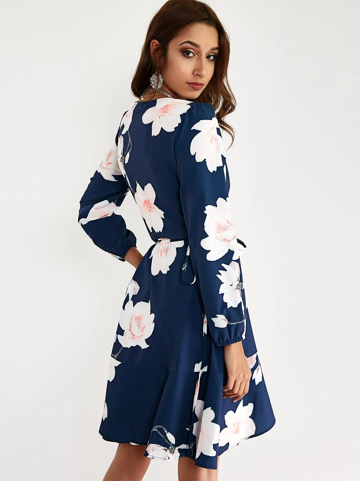 Wholesale Navy V-Neck Long Sleeve Floral Print Lace-Up Wrap Flounced Hem Dresses