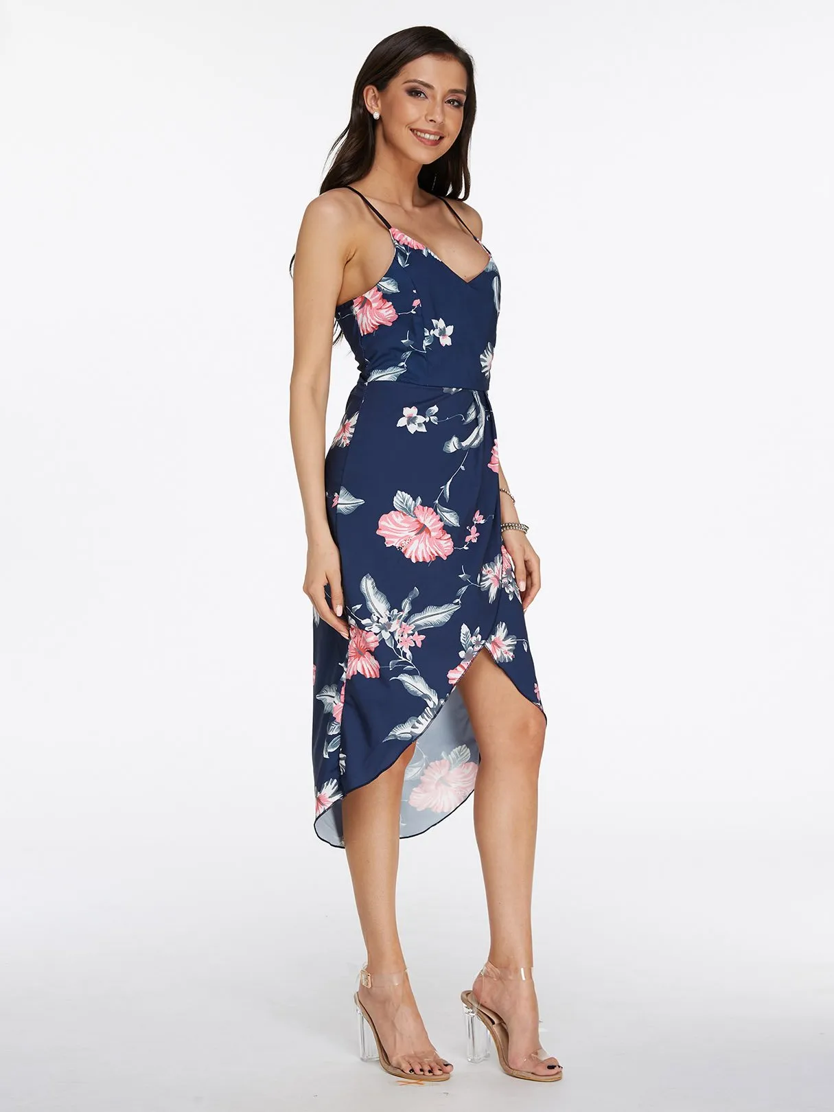 Wholesale Navy V-Neck Sleeveless Floral Print Crossed Front Zip Back Slit Hem Dresses