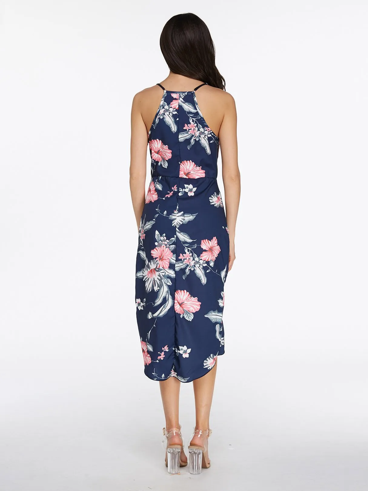 Wholesale Navy V-Neck Sleeveless Floral Print Crossed Front Zip Back Slit Hem Dresses