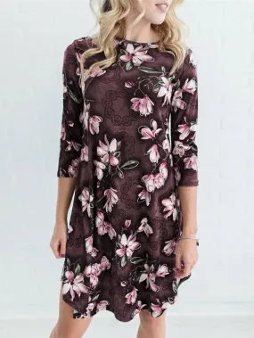 Wholesale Round Neck Floral Print 3/4 Length Sleeve Curved Hem Coffee Dresses