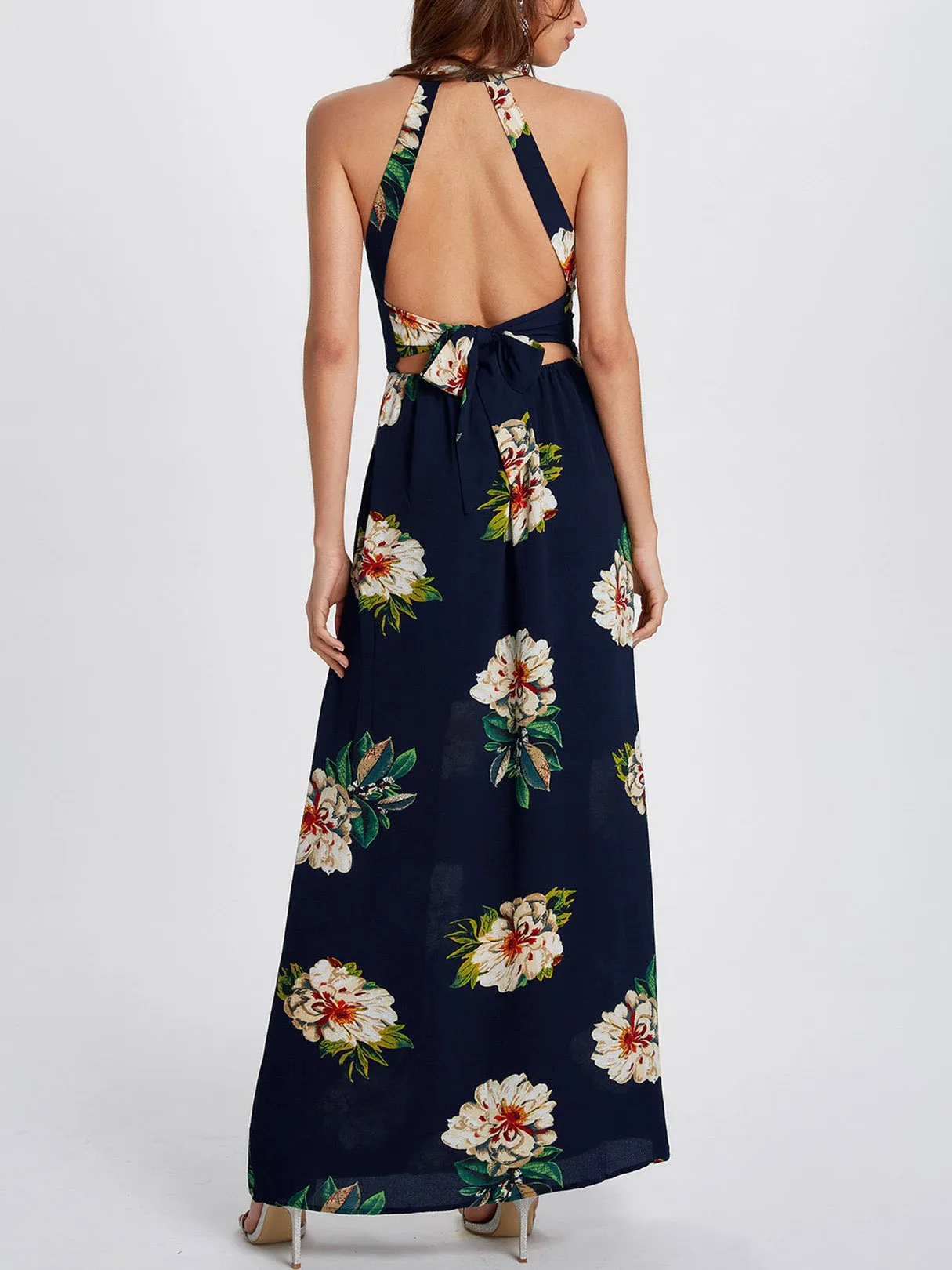 Wholesale Sleeveless Floral Print Backless Hollow Dresses