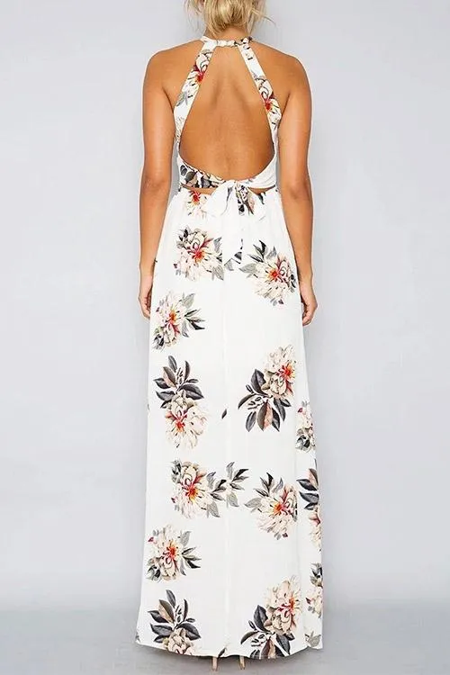 Wholesale Sleeveless Floral Print Backless Hollow Dresses