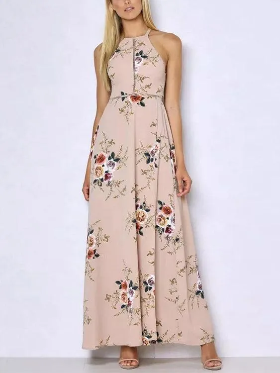 Wholesale Sleeveless Floral Print Backless Hollow Dresses