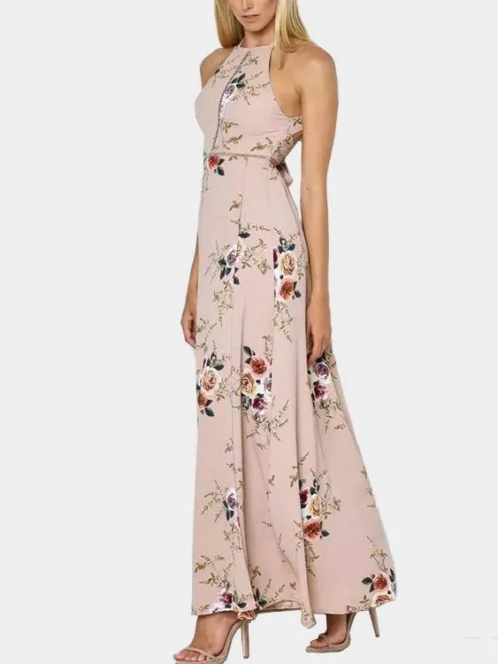 Wholesale Sleeveless Floral Print Backless Hollow Dresses