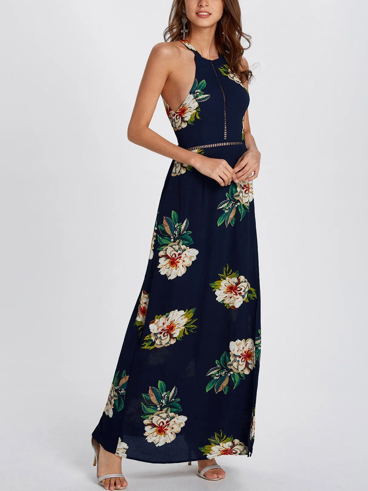 Wholesale Sleeveless Floral Print Backless Hollow Dresses