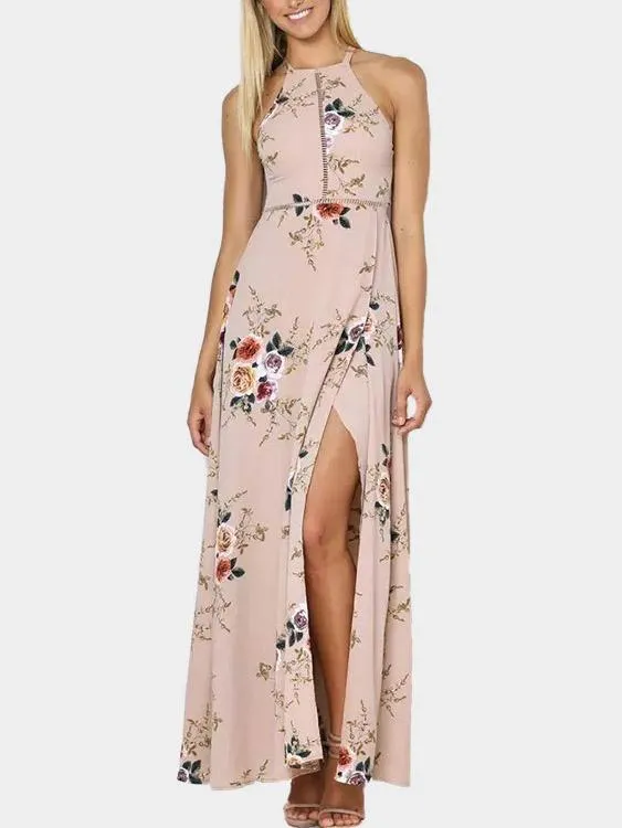 Wholesale Sleeveless Floral Print Backless Hollow Dresses