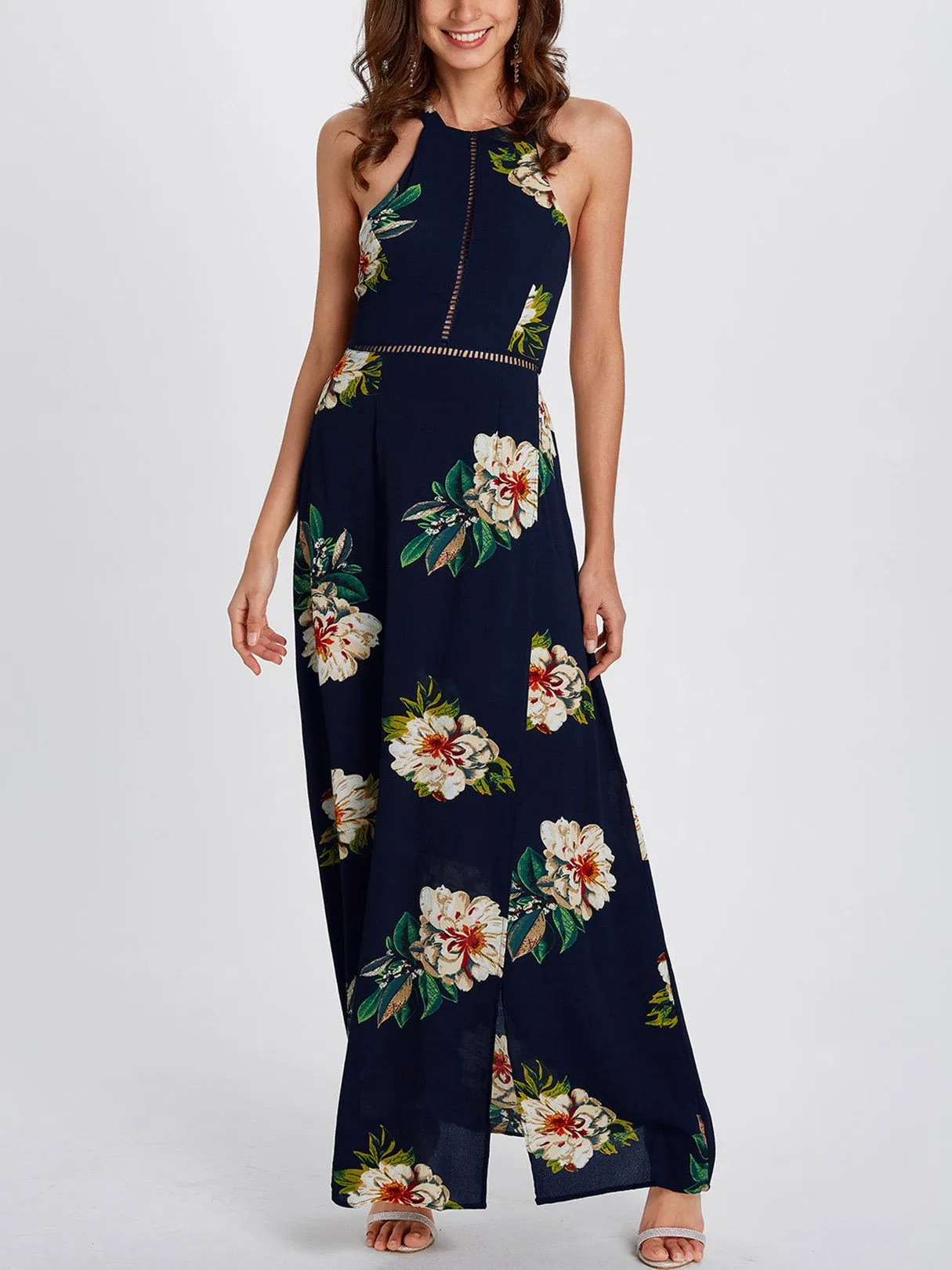 Wholesale Sleeveless Floral Print Backless Hollow Dresses