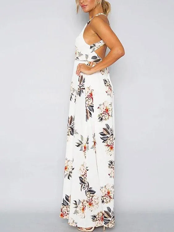 Wholesale Sleeveless Floral Print Backless Hollow Dresses