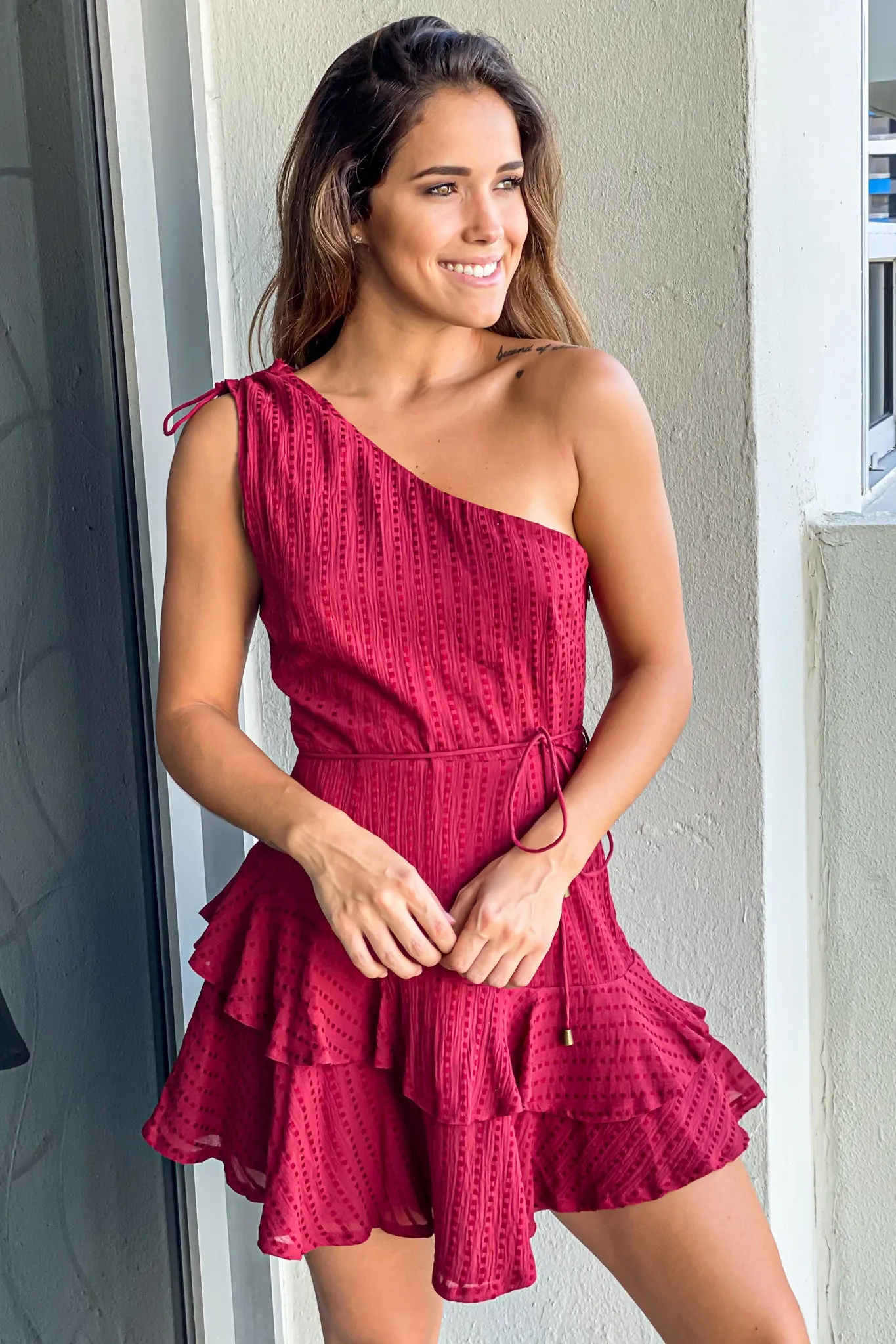 Wine One Shoulder Ruffled Short Dress