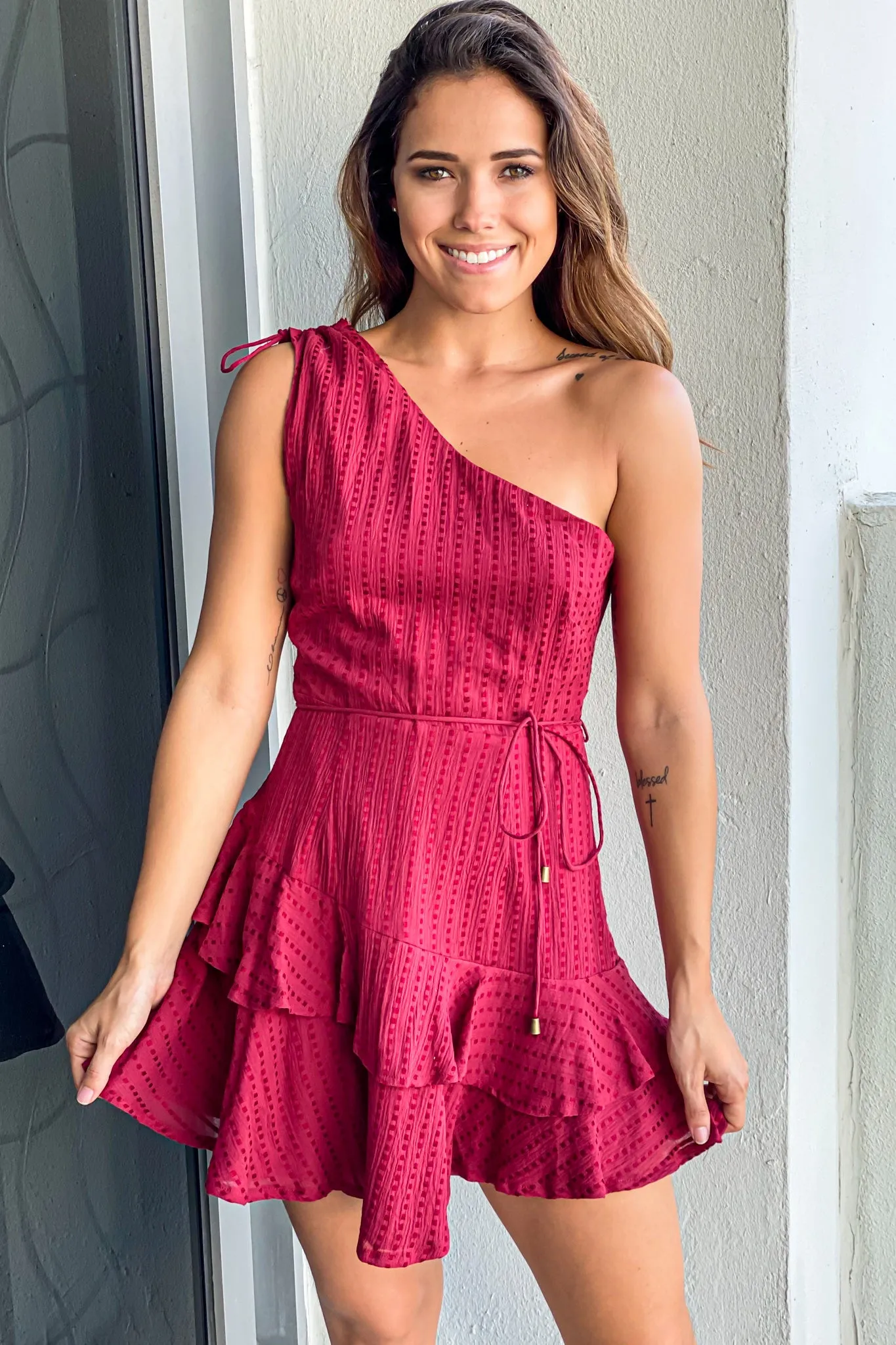 Wine One Shoulder Ruffled Short Dress