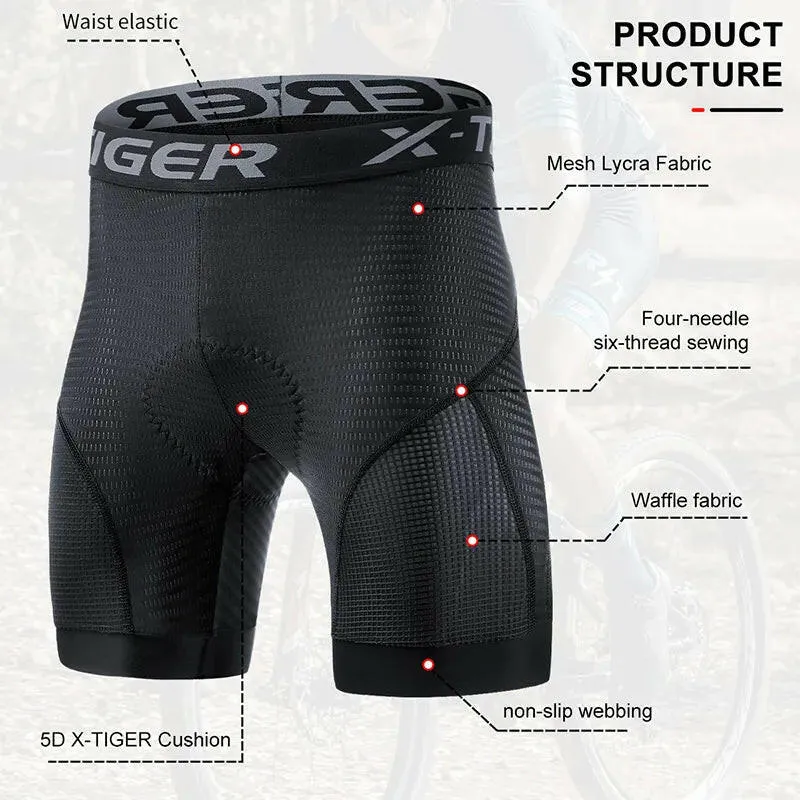 X-TIGER Men's Cycling Underwear Shorts 5D Padded Sports Riding Bike Bicycle MTB Liner Shorts with Anti-Slip Leg Grips